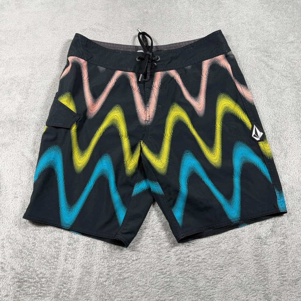 Volcom Mod-Tech Board Shorts Mens 28 Black Wave 9" Swim Surf Stretch Vacation‎